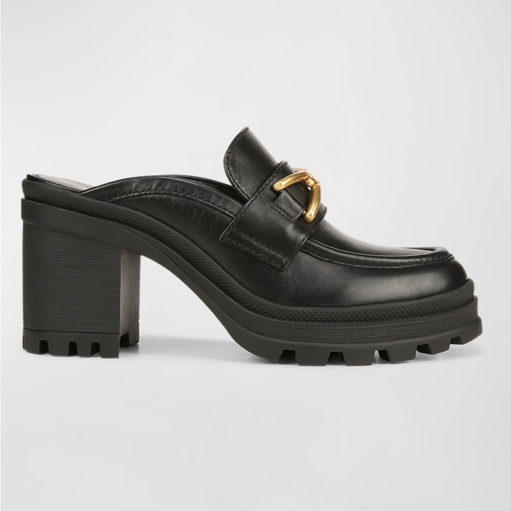 Black Leather Chunky Heel Loafers
